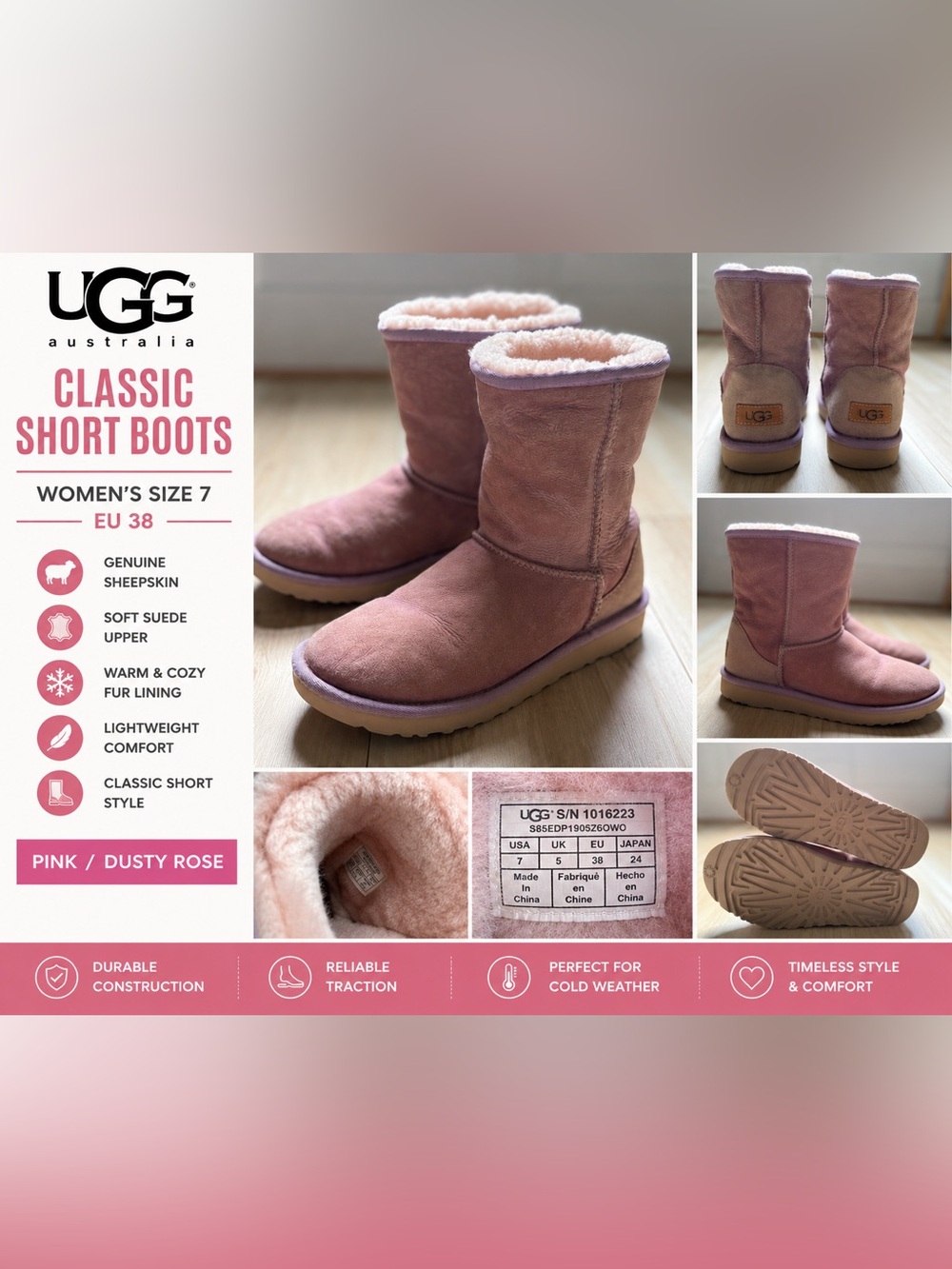 UGG Classic Short Boots Pink Sheepskin Suede Fur Lined Women’s Size 7